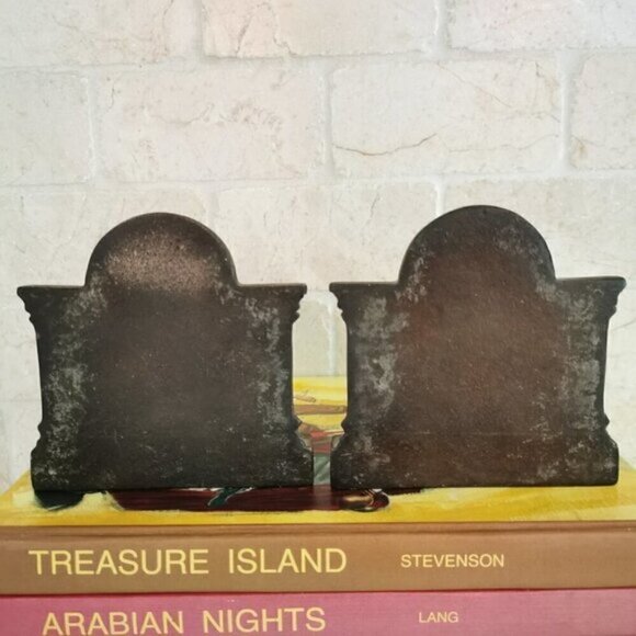 Woman Sewing Cast Iron Bookends HEAVY Greek Columns Ornate Decor Book Shelf Pair - Picture 3 of 9